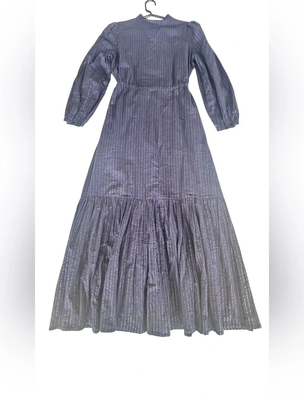 Emerson Fry India collection Navy Pinstripe Tiered Maxi Dress size S 100cotton - Picture 2 of 7
